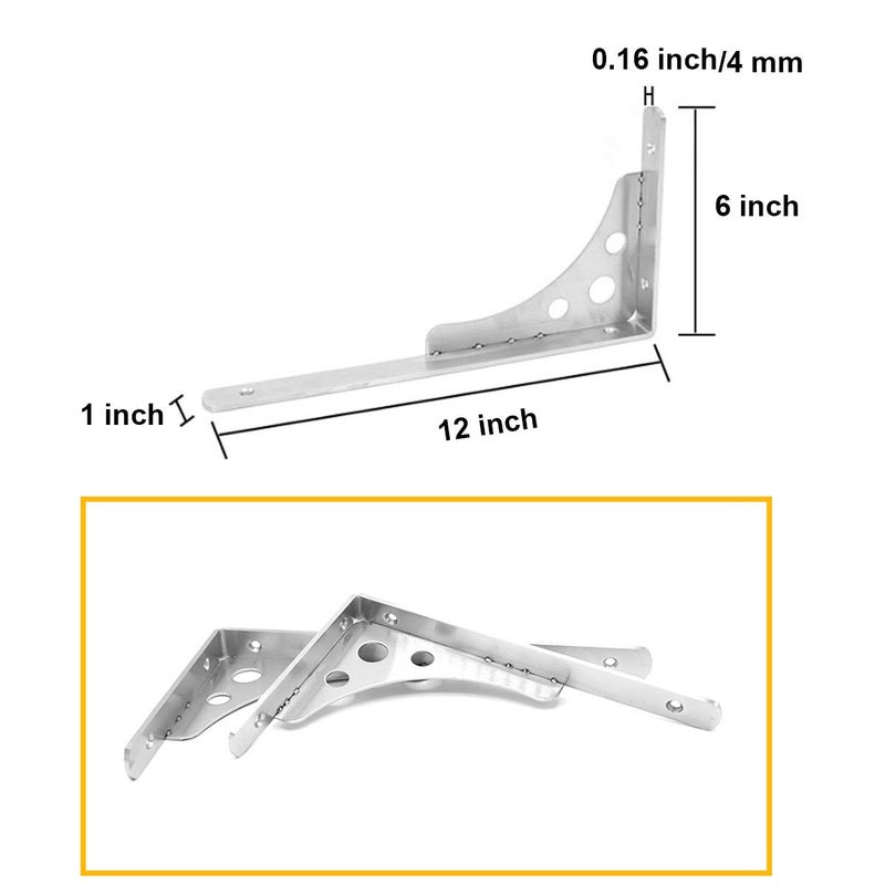 CBTONE 12 Inch Heavy Duty Shelf Bracket, Pack of 4, Wall Mounted Floating L Bracket Stainless Steel Triangle Shelf Supporter, Thicken 4mm, Included Free Screw Accessories - Image 2